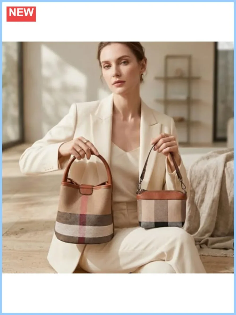 Plaid Bucket Tote Bag with Top Handle and Adjustable Shoulder Strap